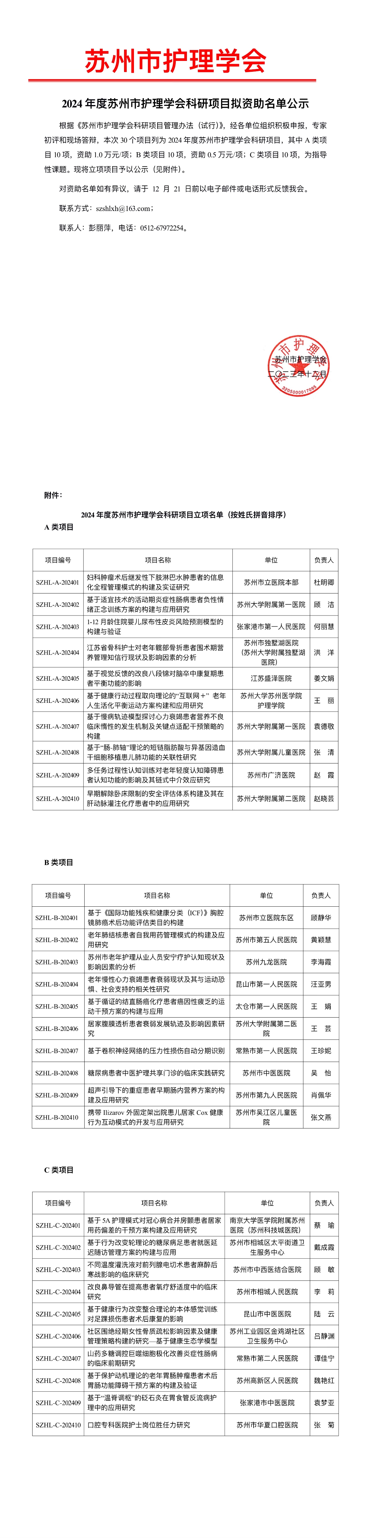 公示 | “2024年度苏州市护理学会科研项目”拟资助名单(图1)